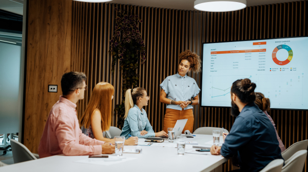 Presentation during business meeting – business person showing financial figures